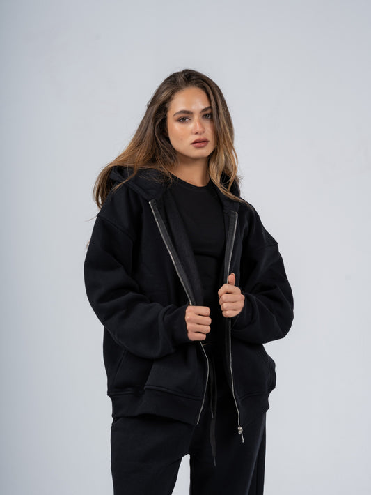 BLACK ZIP UP HOODIE