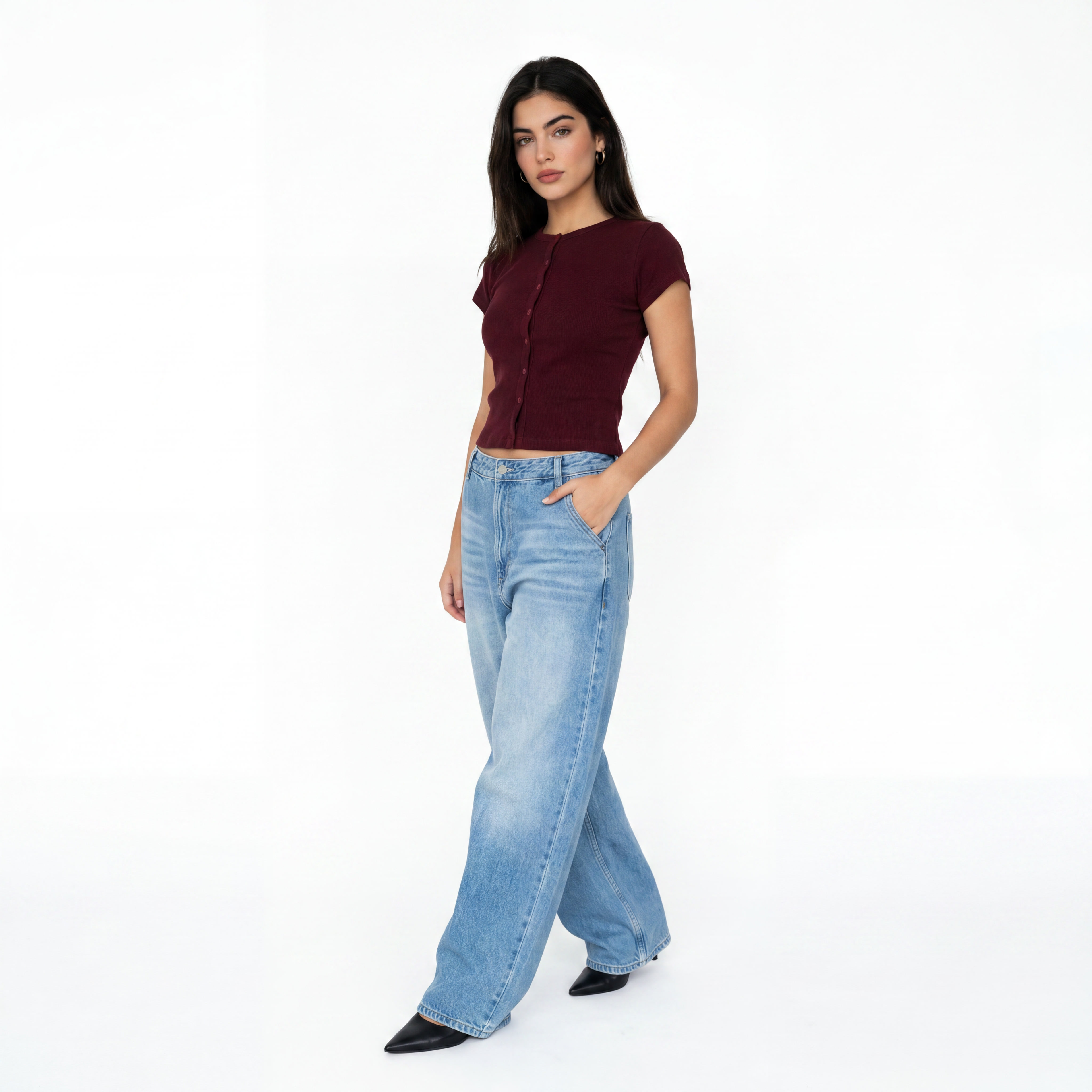 BURGUNDY RIB BUTTON TOP