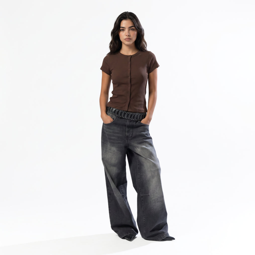 BROWN RIB BUTTON TOP