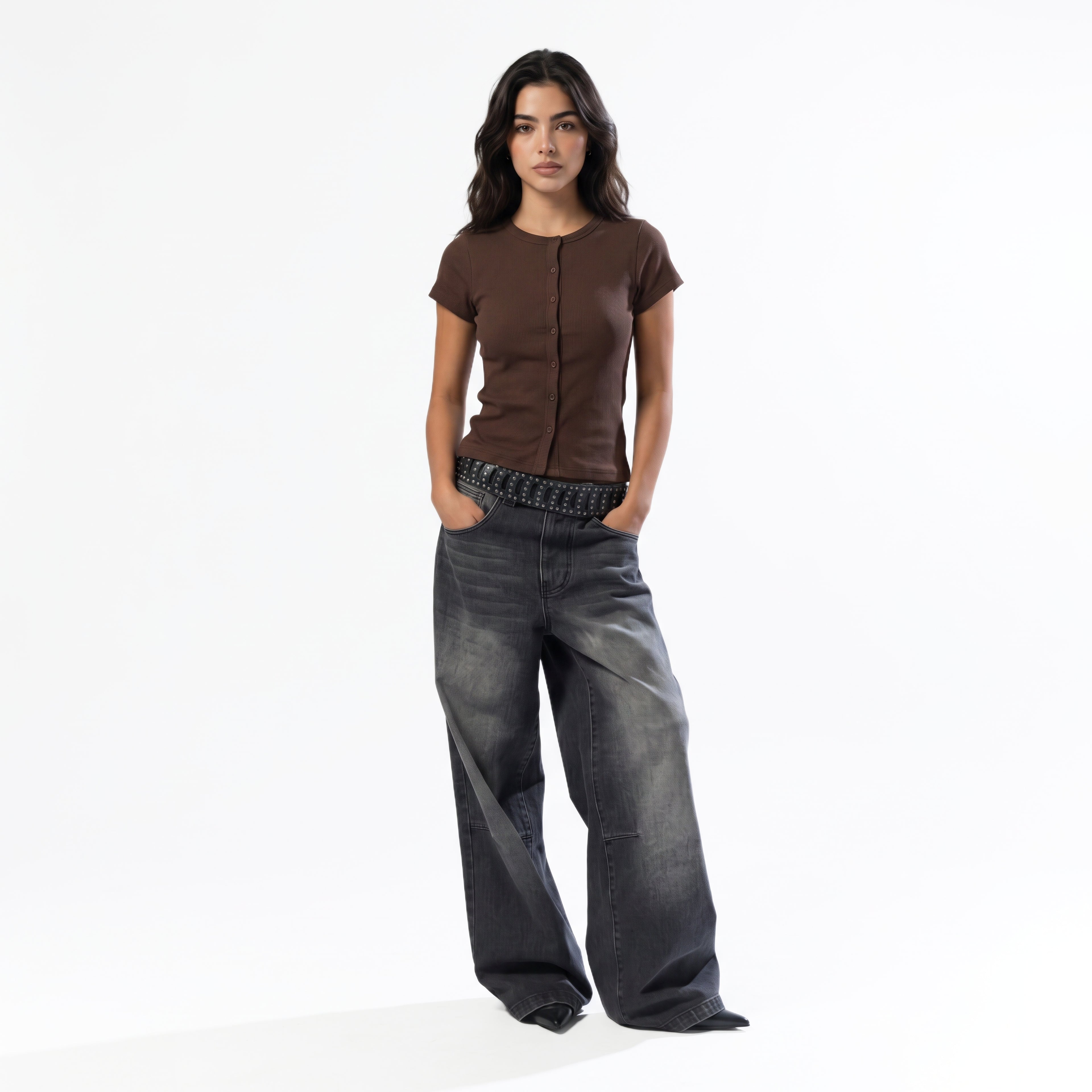 BROWN RIB BUTTON TOP