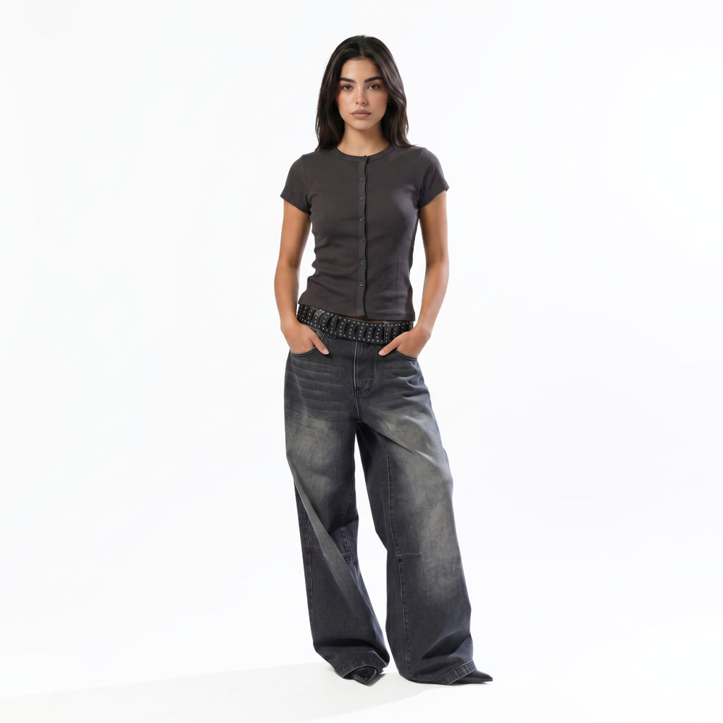 DARK GREY RIB BUTTON TOP