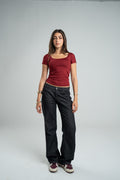 BURGUNDY SHORT SLEEVE MICROFIBER WIDE NECK TOP