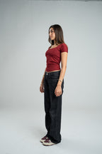 BURGUNDY SHORT SLEEVE MICROFIBER WIDE NECK TOP