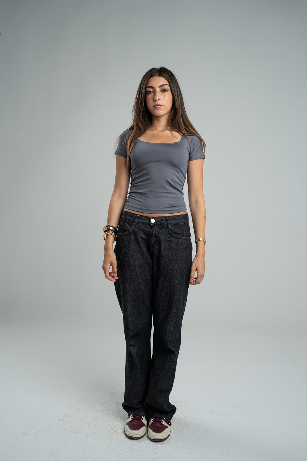 DARK GREY SHORT SLEEVE MICROFIBER WIDE NECK TOP