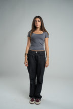 DARK GREY SHORT SLEEVE MICROFIBER WIDE NECK TOP