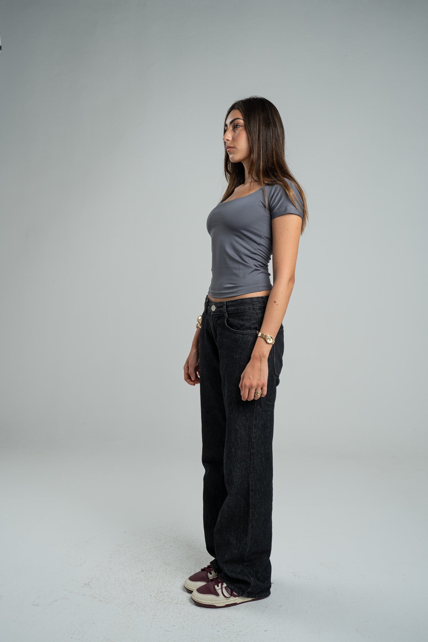 DARK GREY SHORT SLEEVE MICROFIBER WIDE NECK TOP