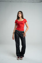 RED SHORT SLEEVE MICROFIBER WIDE NECK TOP