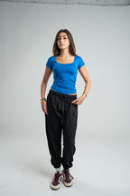 BLUE SHORT SLEEVE MICROFIBER WIDE NECK TOP