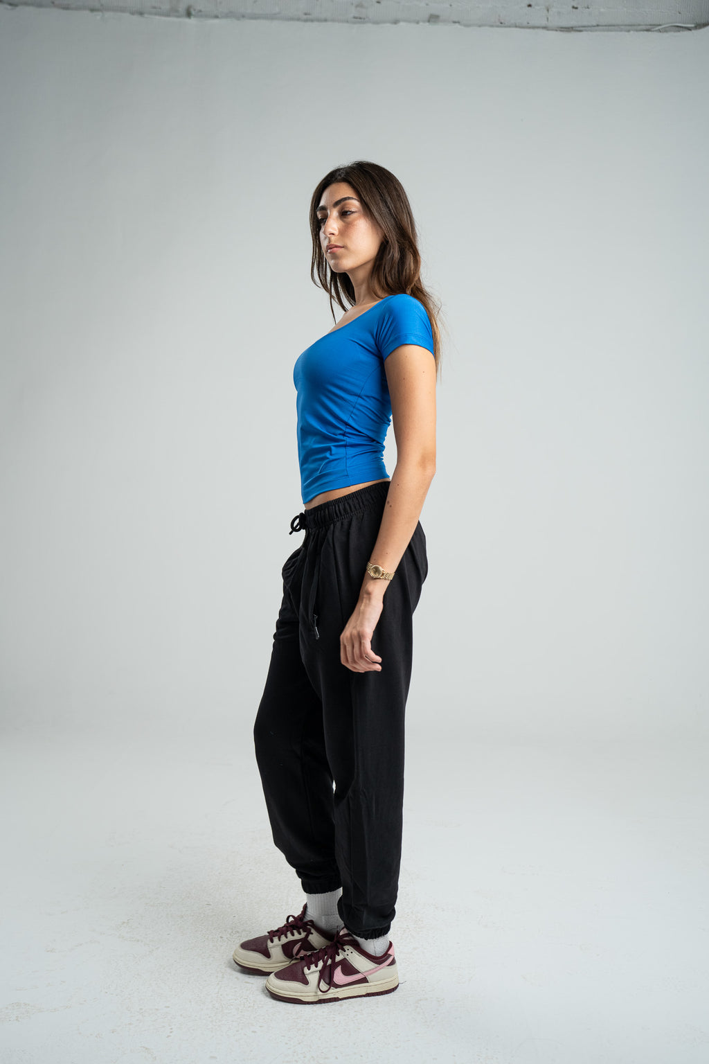 BLUE SHORT SLEEVE MICROFIBER WIDE NECK TOP