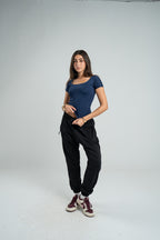 NAVY SHORT SLEEVE MICROFIBER WIDE NECK TOP