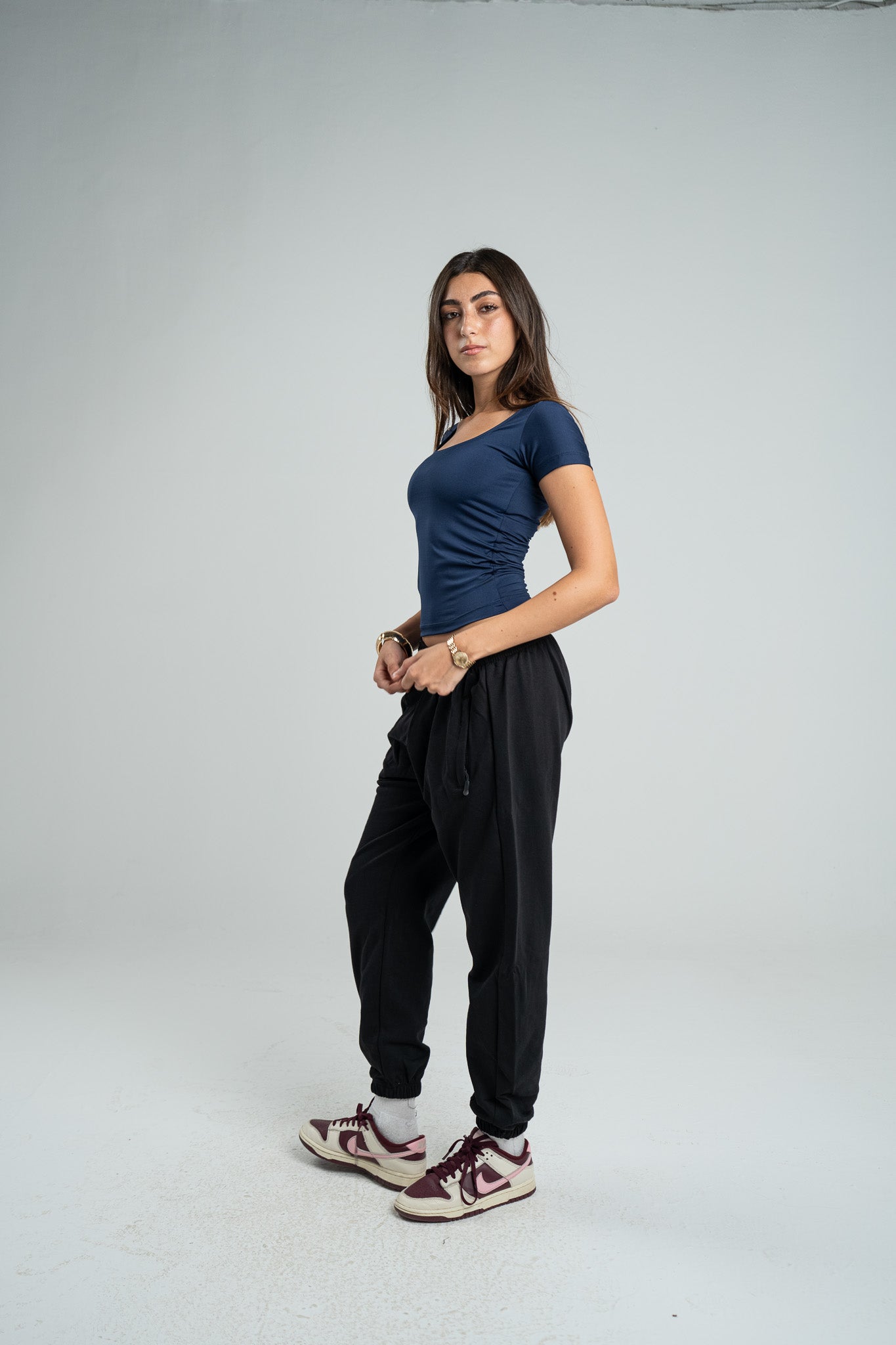 NAVY SHORT SLEEVE MICROFIBER WIDE NECK TOP