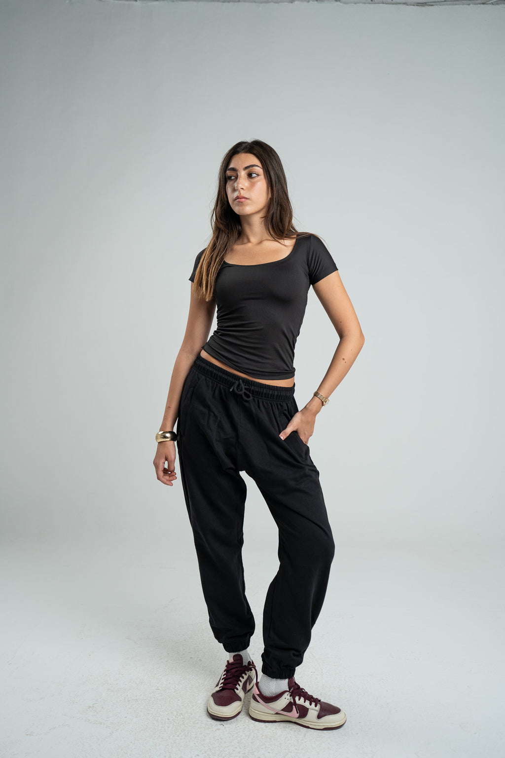 BLACK SHORT SLEEVE MICROFIBER WIDE NECK TOP