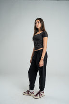 BLACK SHORT SLEEVE MICROFIBER WIDE NECK TOP