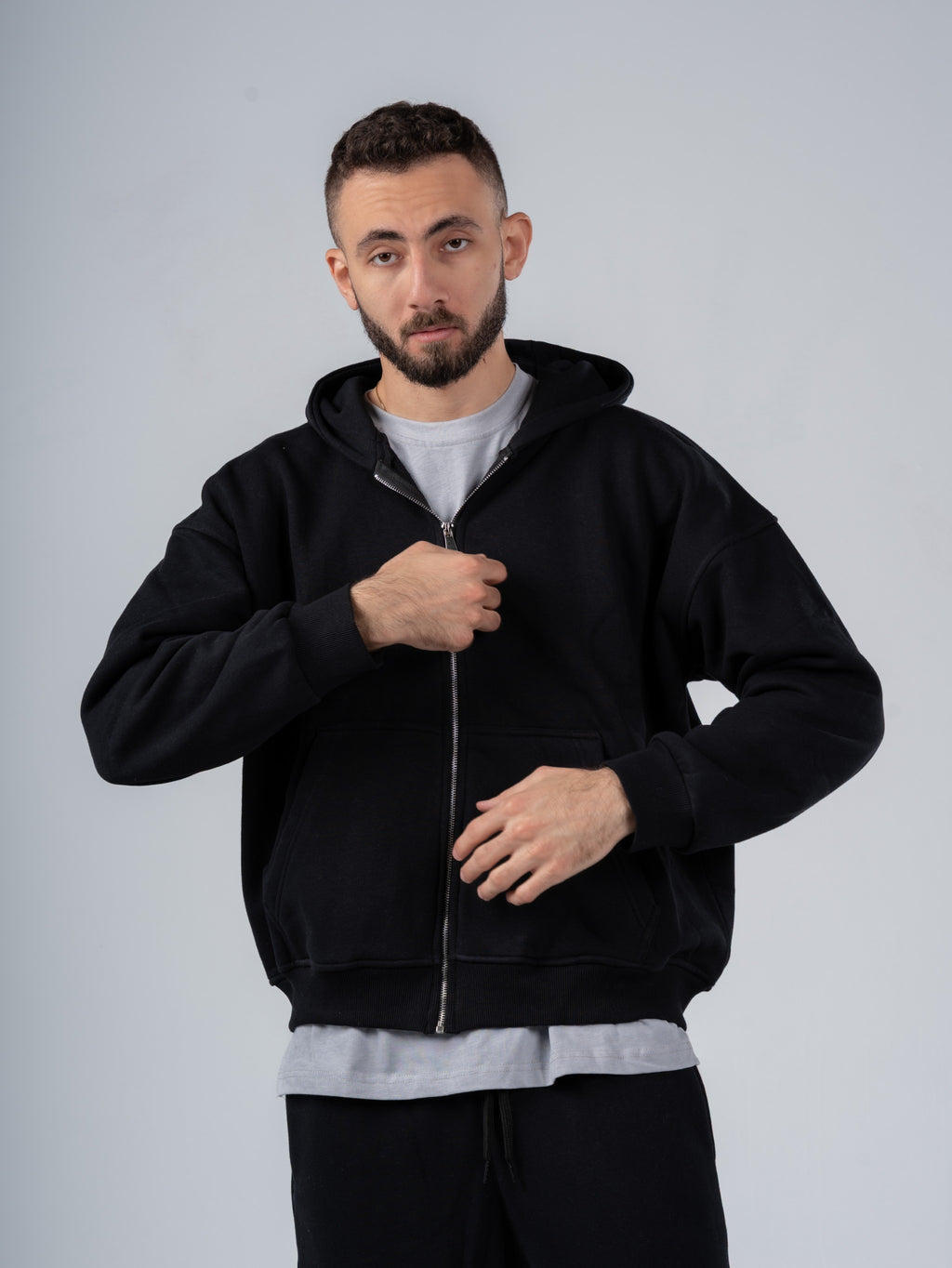BLACK ZIP-UP HOODIE