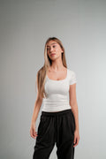 WHITE SHORT SLEEVE MICROFIBER WIDE NECK TOP