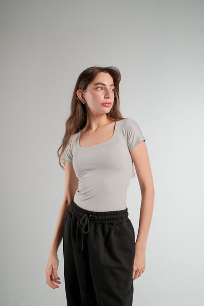 SILVER SHORT SLEEVE MICROFIBER WIDE NECK TOP