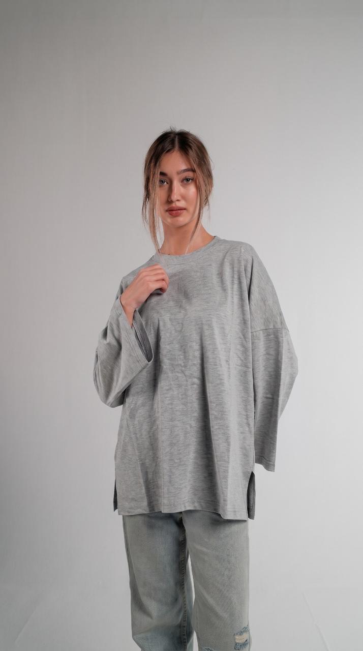 GREY MELANGE LONG SLEEVE OVERSIZED T-SHIRT