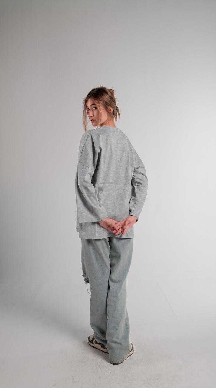 GREY MELANGE LONG SLEEVE OVERSIZED T-SHIRT